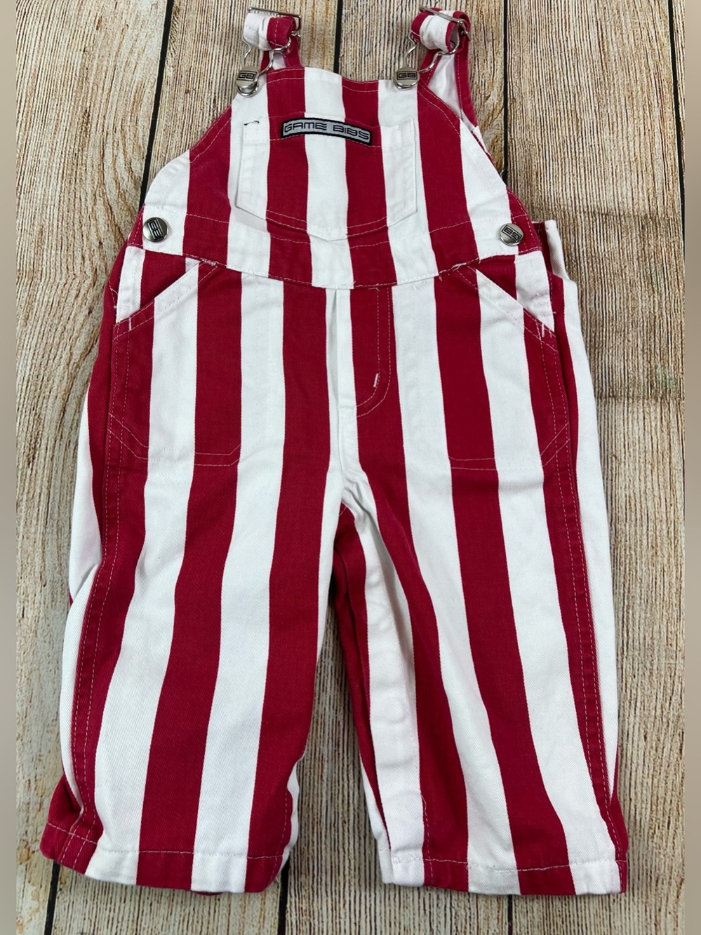 Game Bibs Red White Striped Button Overalls Baby Size 6 Months